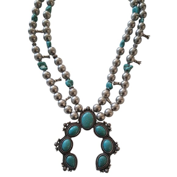 Vintage Chicos Faux Turquoise Squash Blossom Ceremonial Necklace - Picture 2 of 8